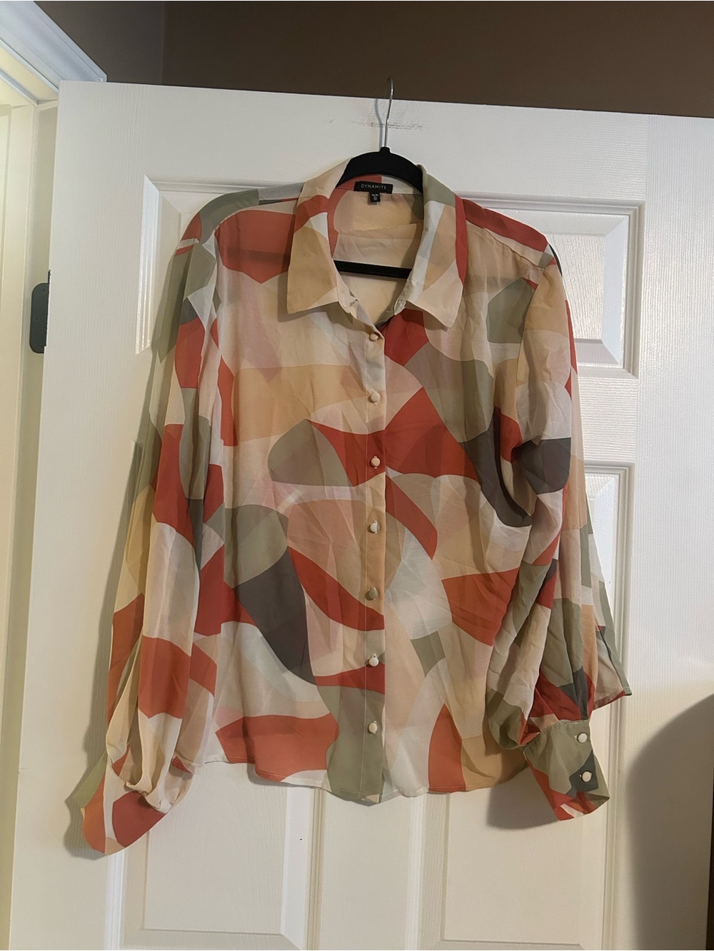 Dynamite Abstract Print Button-Down Blouse in Rust, Olive & Cream